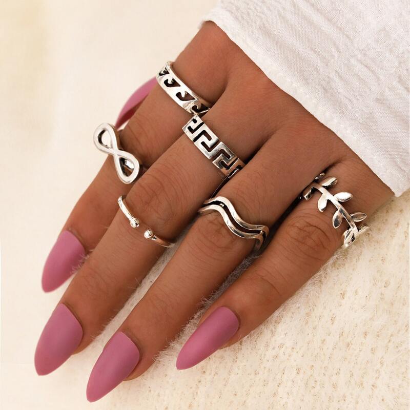 

6pcs Leaf & Bow Shaped Ring, Silver
