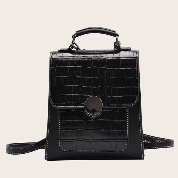 

Croc Embossed Stitch Trim Flap Backpack, Black