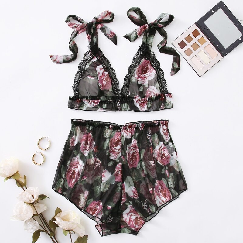 

Floral Print Mesh Tie Shoulder Lingerie Set, Multicolor