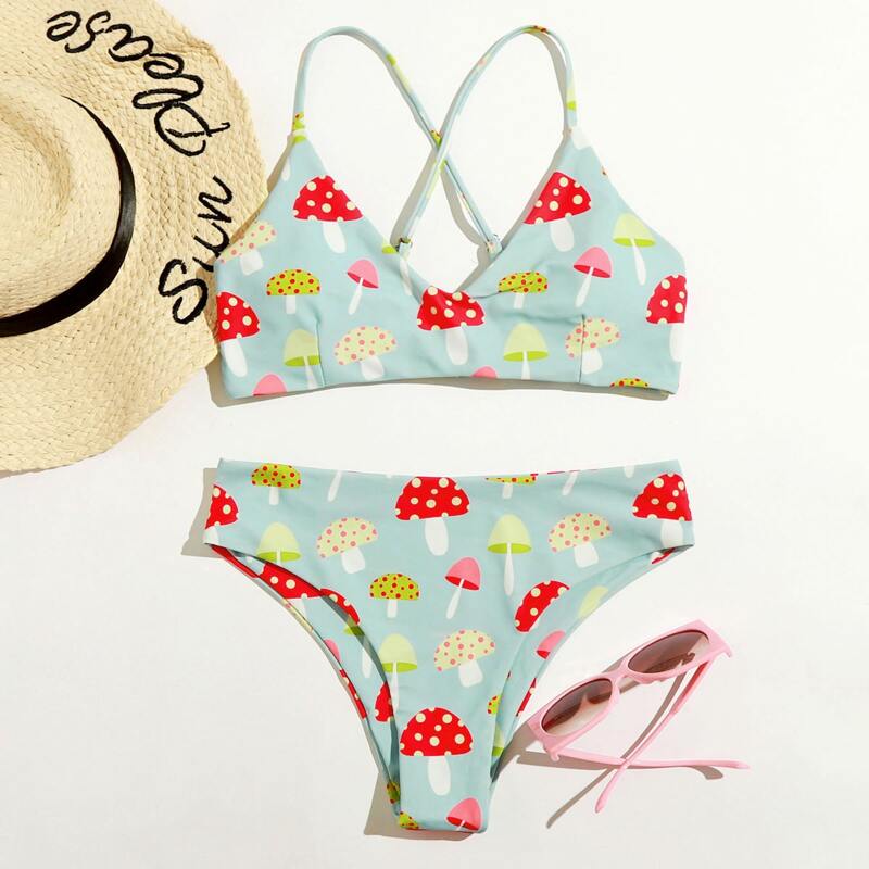 

Mushroom Print Crisscross Bikini Swimsuit, Multicolor