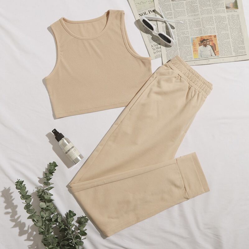 

Rib-knit Crop Tank Top & Pants PJ Set, Khaki