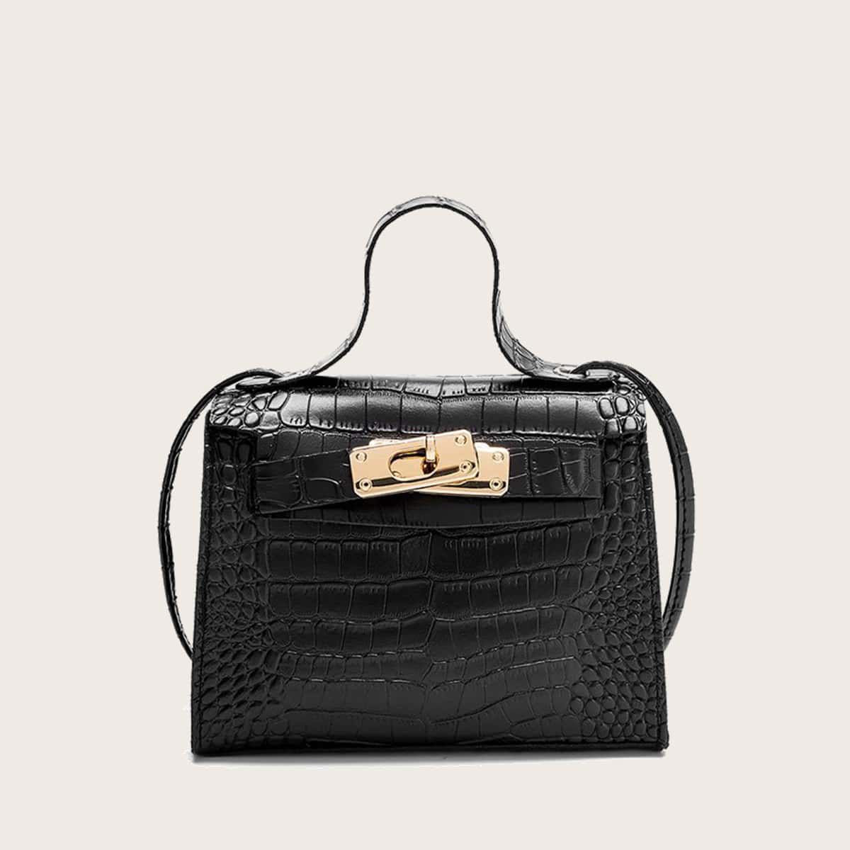 

Croc Embossed Twist Lock Satchel Bag, Black