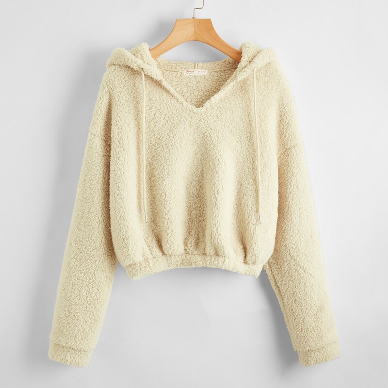 

Drawstring Teddy Hoodie, Beige