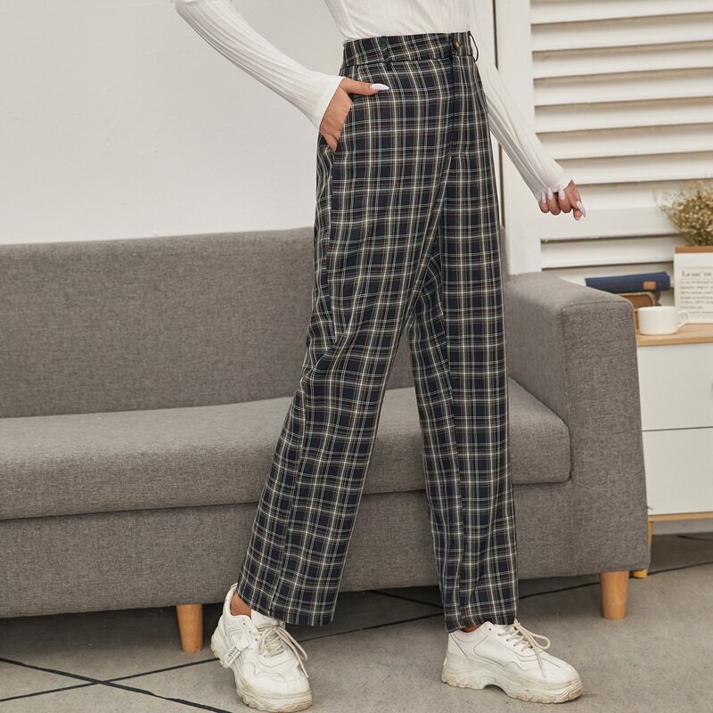 

Plaid High Waist Straight Leg Pants, Multicolor