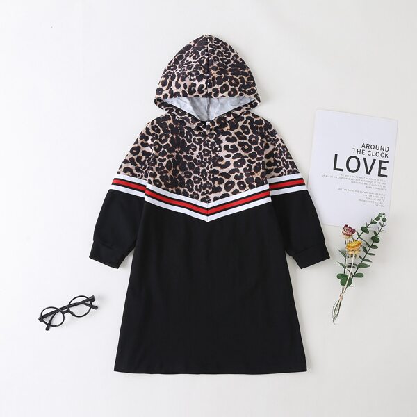 

Toddler Girls Contrast Leopard Panel Striped Tape Sweatshirt Dress, Multicolor