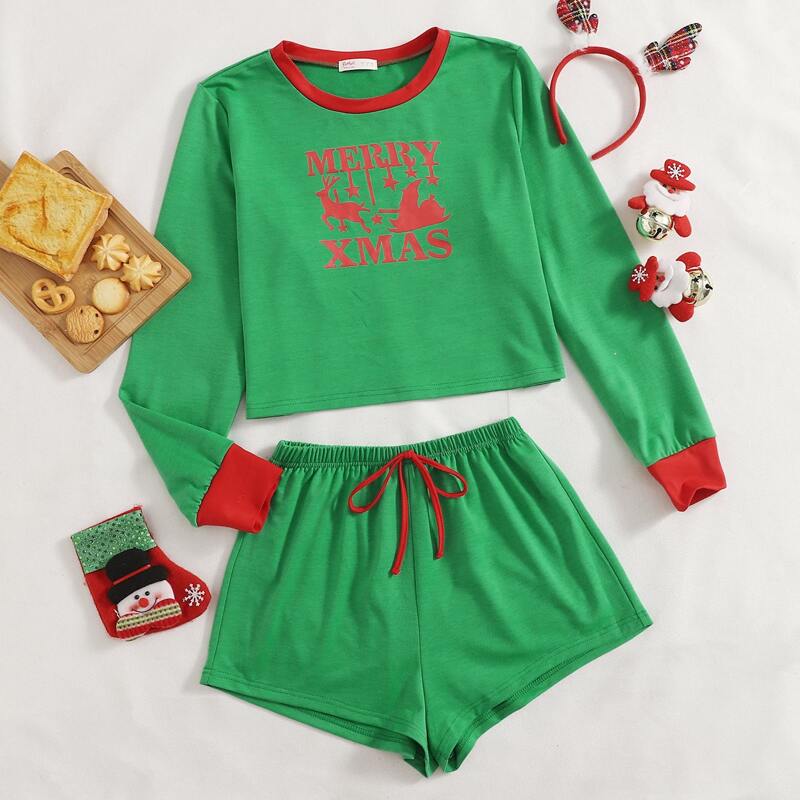 

Christmas Slogan Print PJ Set, Green