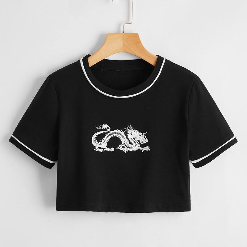 

Chinese Dragon Graphic Crop Tee, Black