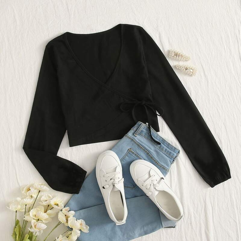 

Solid Wrap Crop Top, Black