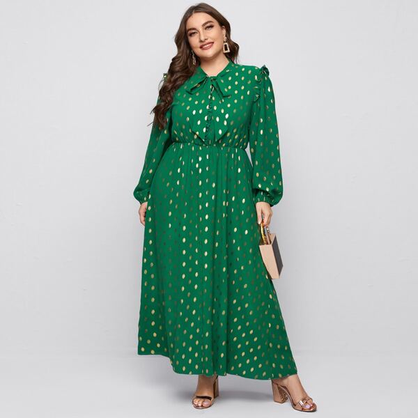 

Plus Polka Dot Frill Trimed A-line Dress, Green