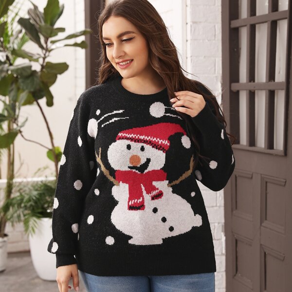 

Plus Christmas And Polka Dot Pattern Sweater, Black