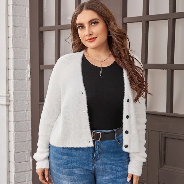 

Plus Solid Button Front Cardigan, White