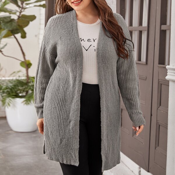 

Plus Open Front Split Hem Longline Cardigan, Grey