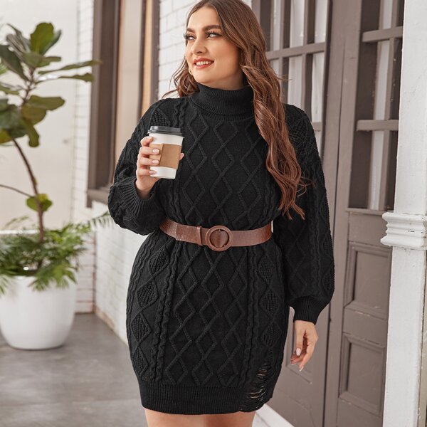

Plus Turtleneck Cable Knit Sweater Dress Without Belt, Black