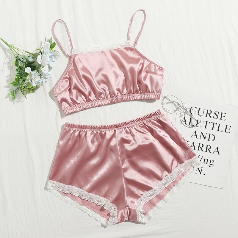 

Lace Trim Satin Crop Cami PJ Set, Baby pink
