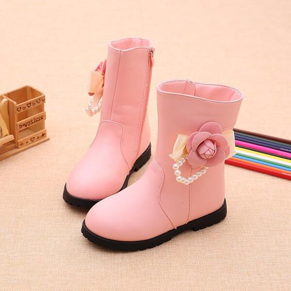 

Girls Faux Pearl Decor Side Zip Boots, Pink