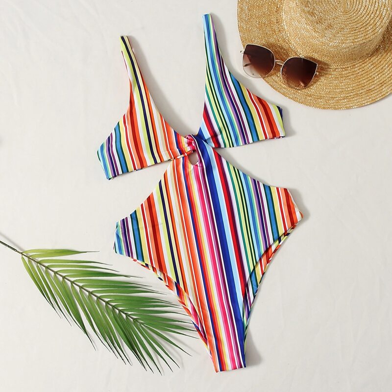 

Rainbow Stripe Cut-out Side One Piece Swimsuit, Multicolor