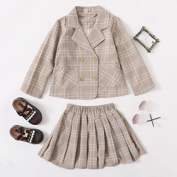 

Toddler Girls Double Breasted Plaid Blazer & Skirt, Khaki