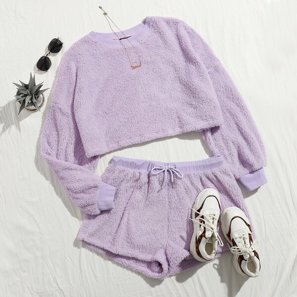 

Plus Drop Shoulder Teddy Pullover & Drawstring Shorts Set, Pastel lilac purple