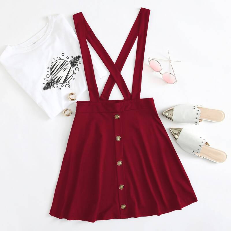 

Button Front Suspender Skirt, Burgundy