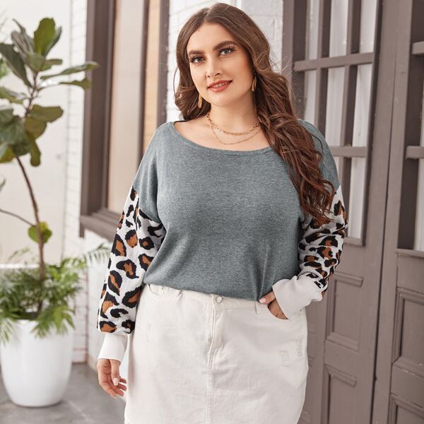 

Plus Leopard Pattern Scoop Neck Sweater, Grey