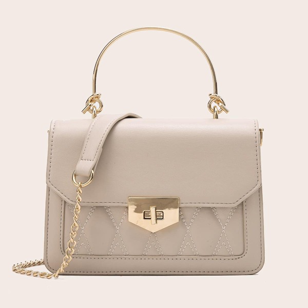

Stitch Detail Turn-Lock Satchel Bag, Apricot