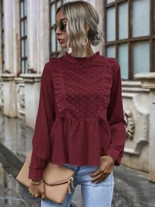 網眼刺繡荷葉邊下擺娃娃襯衫 - 紫紅色 - 查看 1