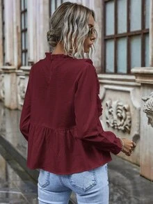 網眼刺繡荷葉邊下擺娃娃襯衫 - 紫紅色 - 查看 2