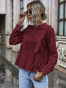 網眼刺繡荷葉邊下擺娃娃襯衫 - 紫紅色 - 查看 3