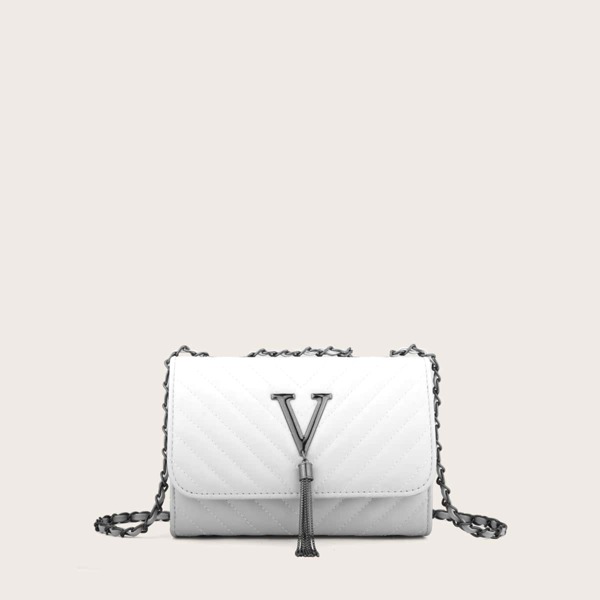 

Metal Tassel Chevron Flap Shoulder Bag, White