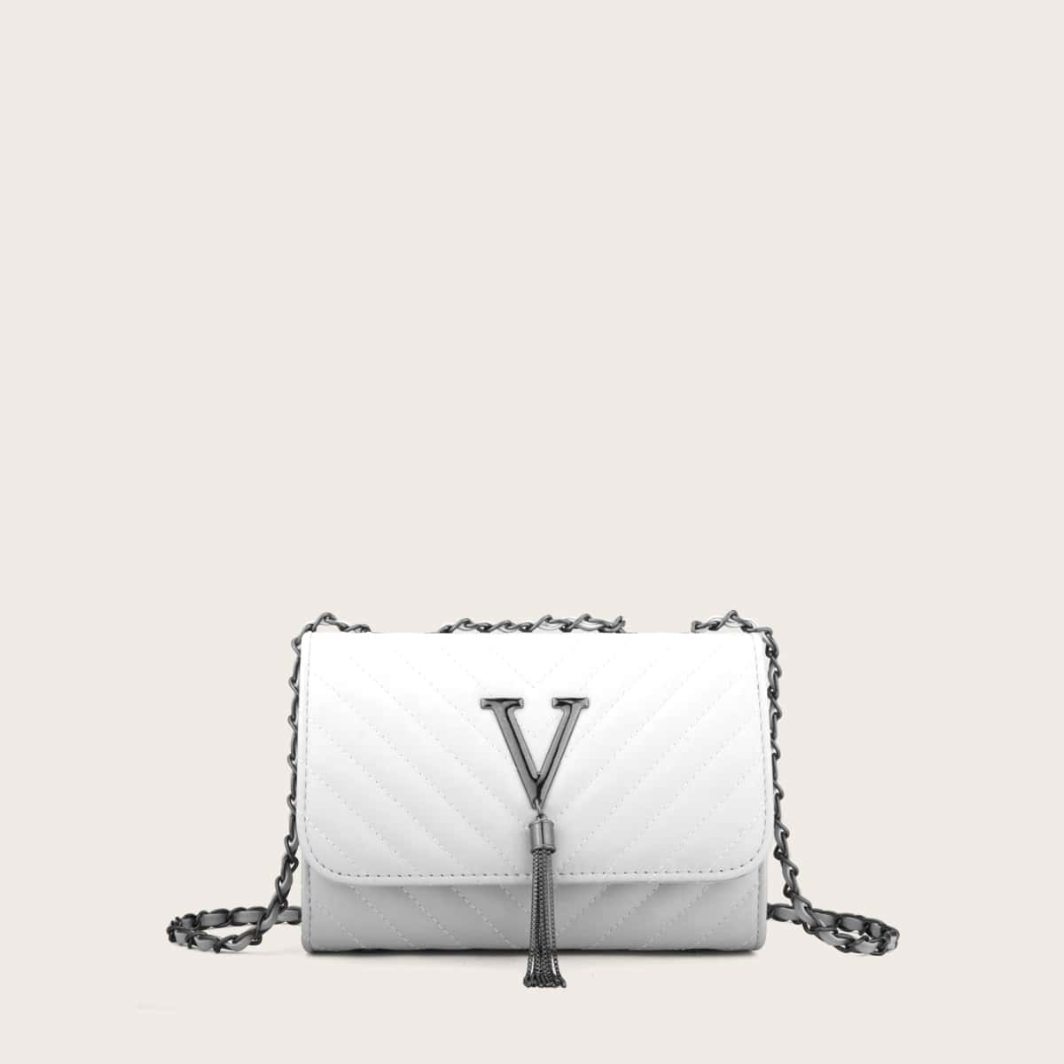 

Metal Tassel Chevron Flap Shoulder Bag, White