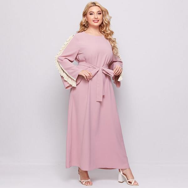 

Plus Fringe Trim Belted Maxi Dress, Dusty pink