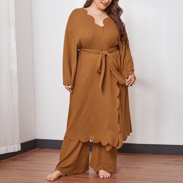 

Plus Drop Shoulder Scallop Edge Belted Robe, Brown