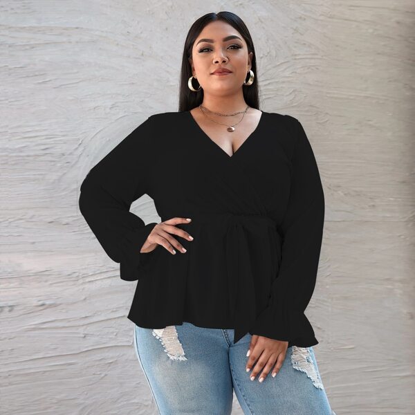

Plus Surplice Neck Self Tie Peplum Blouse, Black