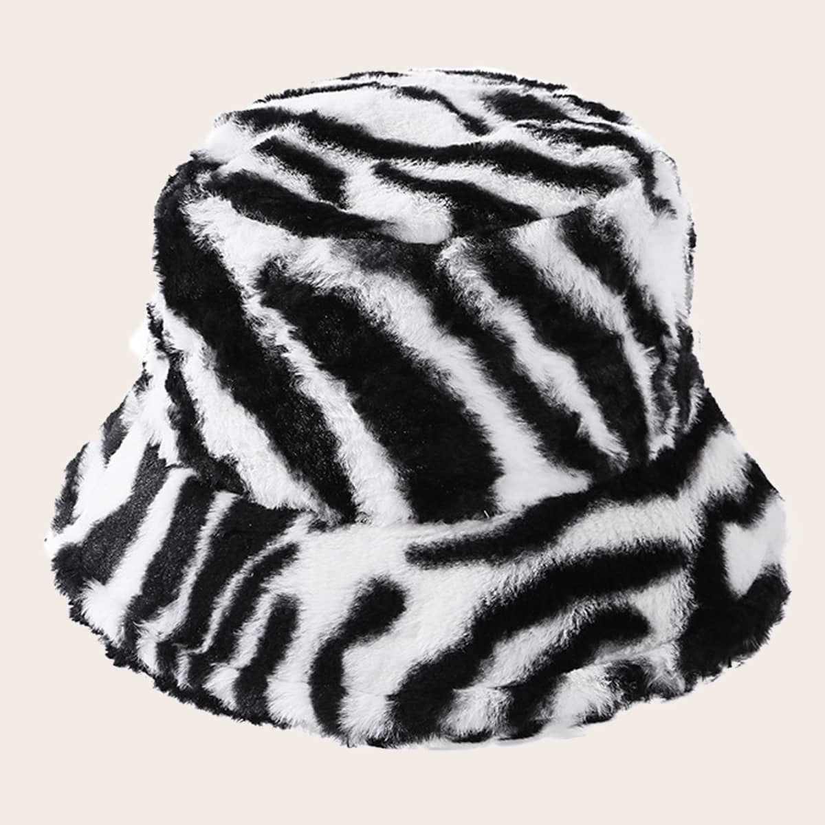 

Zebra Stripe Fluffy Bucket Hat, Black and white