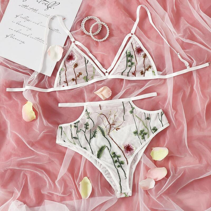 

Floral Embroidery Cut-out Mesh Lingerie Set, White