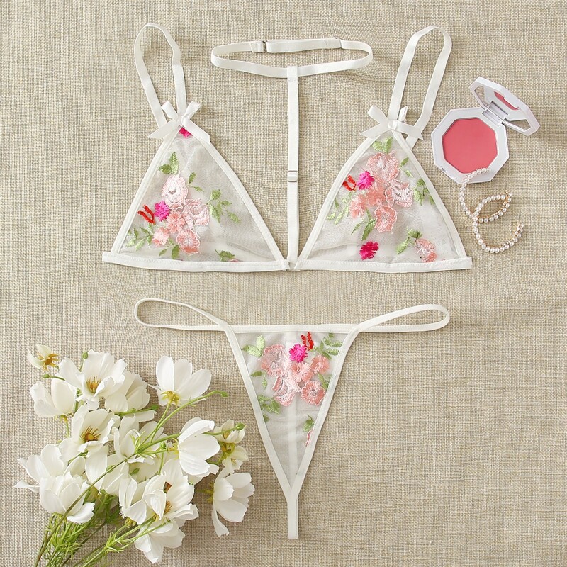 

Floral Embroidery Harness Lingerie Set, White