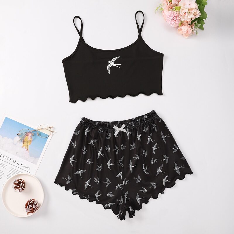 

Bird Print Lettuce Trim Cami PJ Set, Black