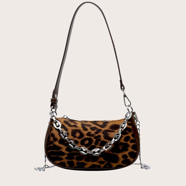 

Leopard Print Chain Baguette Bag, Brown