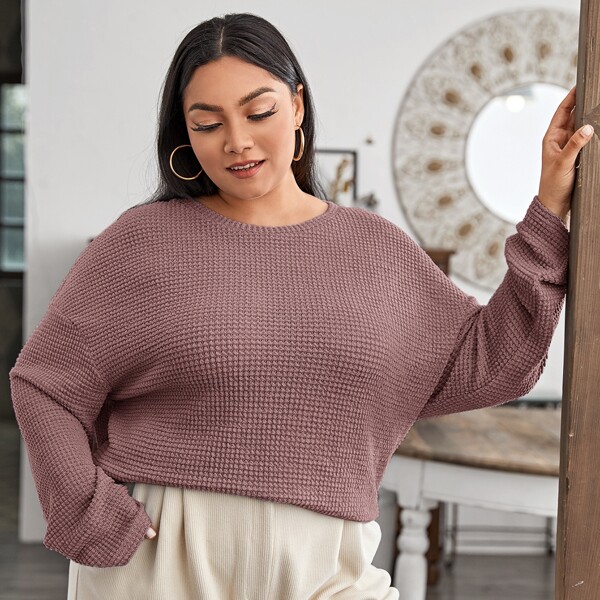 

Plus Solid Waffle Knit Drop Shoulder Tee, Dusty pink