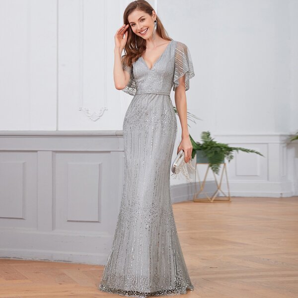 

Flutter Sleeve Glitter Mesh Fishtail Dress, Light grey