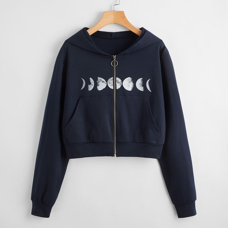 

Moon Graphic Zip Up Hoodie, Navy blue