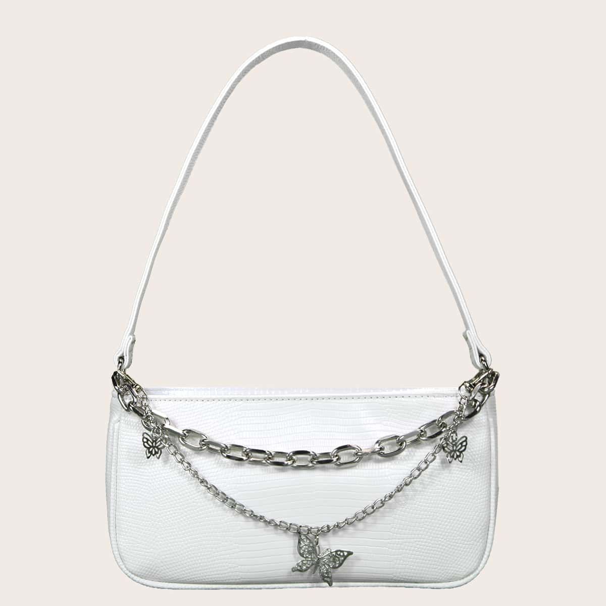 

Croc Embossed Butterfly Baguette Bag, White