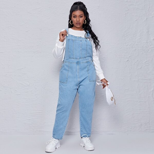 

Plus Button Side Patch Pocket Denim Overalls, Light wash