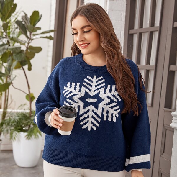 

Plus Snowflake Pattern Bishop Sleeve Sweater, Navy blue