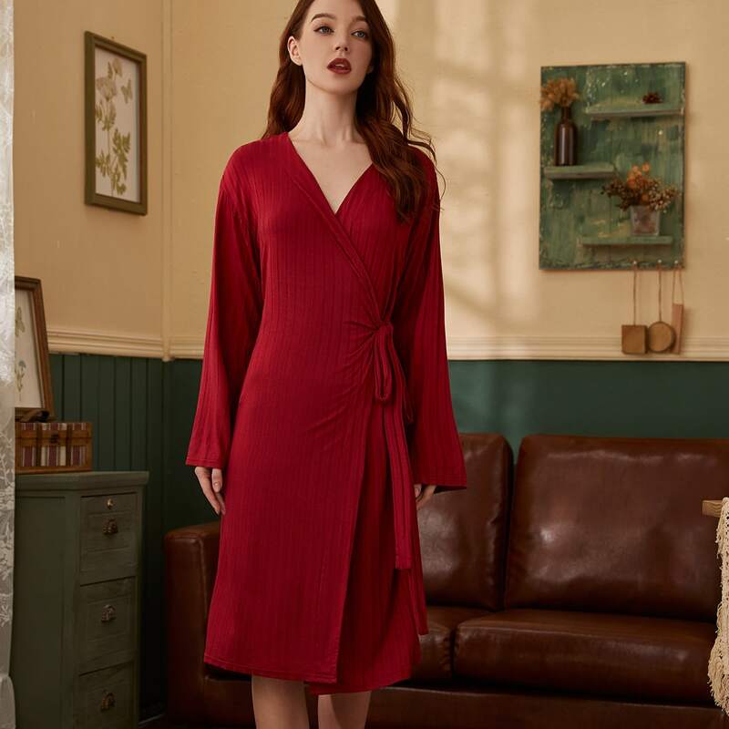 

Drop Shoulder Tie Side Lounge Robe, Burgundy