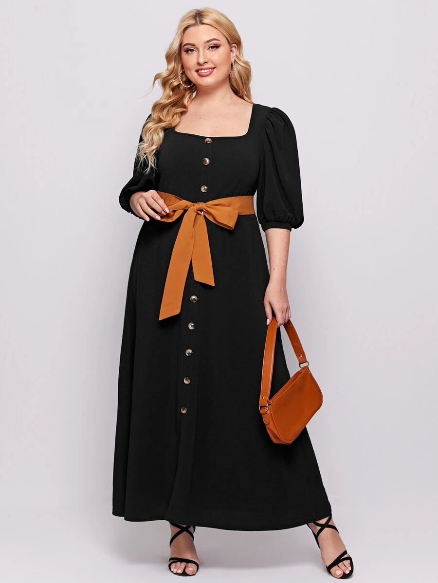 SHEIN Unity Plus Button Front Puff Sleeve Belted Dress - Black - View 1
