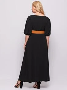 SHEIN Unity Plus Button Front Puff Sleeve Belted Dress - Black - View 2