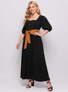 SHEIN Unity Plus Button Front Puff Sleeve Belted Dress - Black - View 3