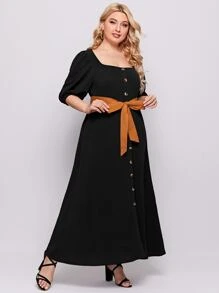 SHEIN Unity Plus Button Front Puff Sleeve Belted Dress - Black - View 4
