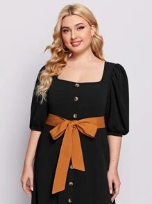 SHEIN Unity Plus Button Front Puff Sleeve Belted Dress - Black - View 5